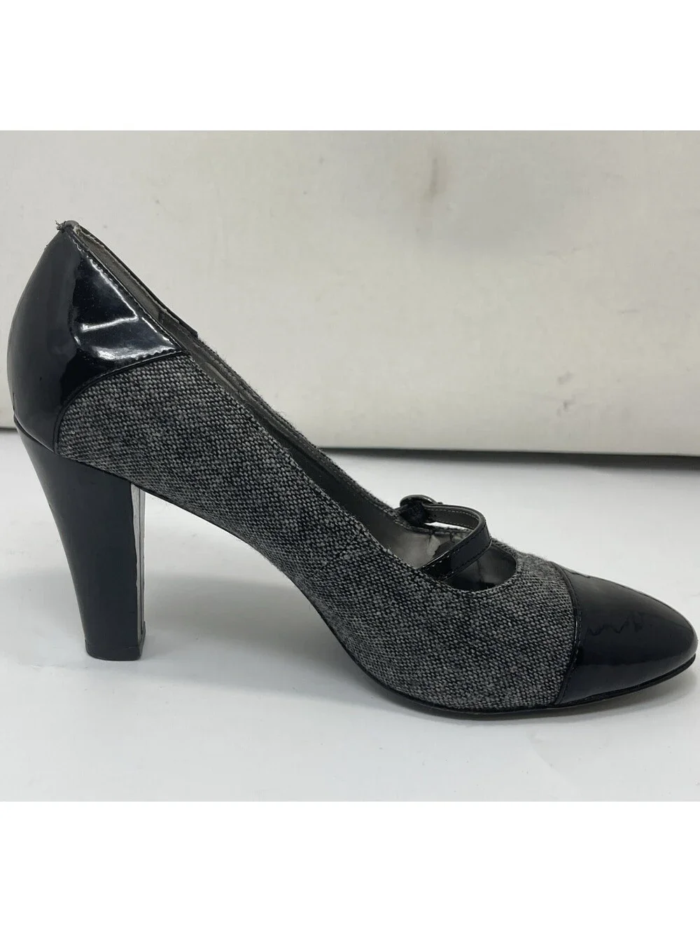 Anne Klein Mary Jane Heel Women's 7.5 SWEET PEA Black Fabric Patent Pump 3.5